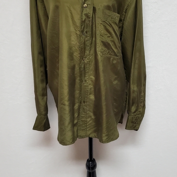 Vintage 90s IOU Silk Olive Oversized Button Up Hi-low Tunic Blouse Mini Dress M - Picture 7 of 13